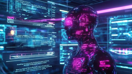 "A sleek, humanoid AI robot with glowing circuits embedded in transparent skin, standing in a highly advanced lab surrounded by floating holographic data screens, the background filled with 