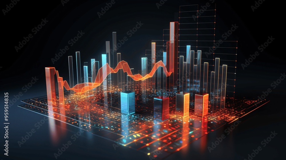 Poster abstract d financial chart with glowing bars and line graph
