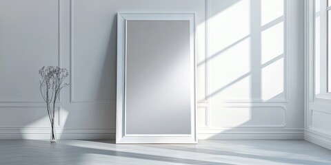 Fototapeta premium Elegant White-Framed Mirror in Spacious Dressing Room: Celebrating Cultural Diversity and Freedom of Expression. Versatile 4K Wallpaper for Fashion Boutiques, Wedding Dress Fittings, and End-of-Season