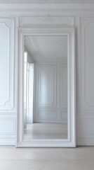 Elegant White-Framed Mirror in Spacious Dressing Room: Celebrating Cultural Diversity and Freedom of Expression. Versatile 4K Wallpaper for Fashion Boutiques, Wedding Dress Fittings, and End-of-Season