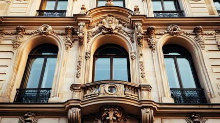 Fototapeta premium Ornate European-style Building with Arched Windows and Intricate Facade