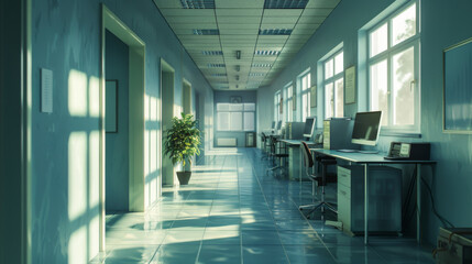 Office scene, the corridor is flanked by computer desks and Windows