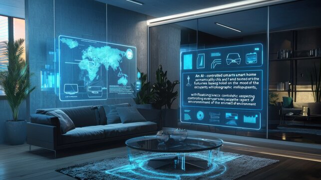 "An AI-controlled smart home where the walls and furniture dynamically change colors and textures based on the mood and preferences of the occupants, with floating holographic interfaces controlling 