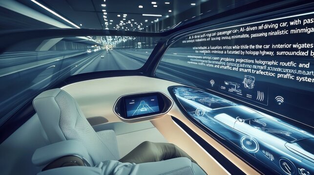 "An AI-driven self-driving car, with passengers relaxing inside a luxurious, minimalistic interior while the car navigates a futuristic highway, surrounded by holographic route projections and 