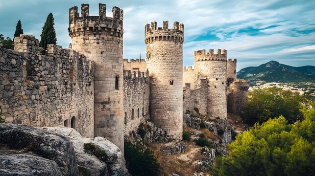 Majestic Medieval Castle with Towering Stone Turrets and Fortified Walls
