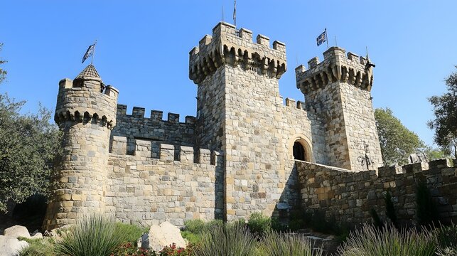 Majestic Historical Castle with Towering Stone Walls and Turrets