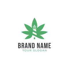 Modern Cannabis leaf logo design. Lighthouse logo design with cannabis icon template