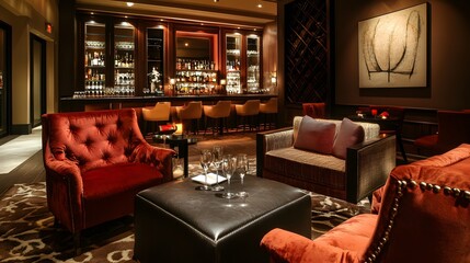 A plush seating area with fine wines and gourmet tapas in a luxurious setting