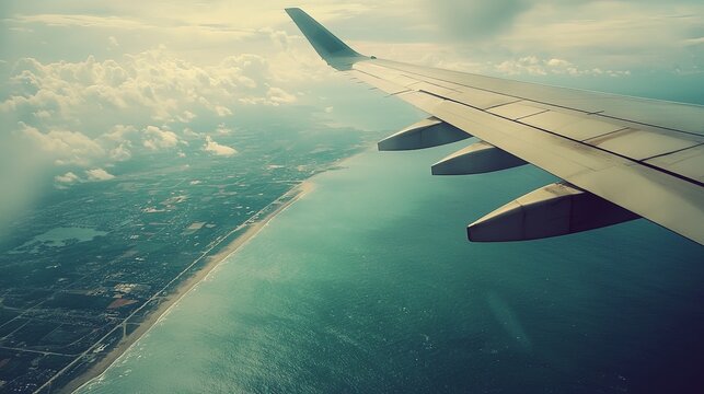 Aerial view from airplane wing over coastline and ocean