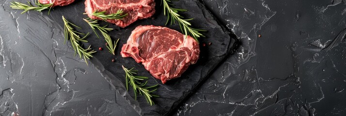 Aerial view of fresh organic beef or lamb on a dark slate surface with room for text.