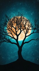 A silhouette of a tree against a vibrant night sky with a glowing full moon, creating an atmospheric and serene landscape.