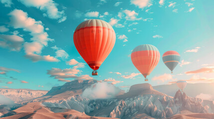 Fototapeta premium Colorful hot air balloons flying over mountain