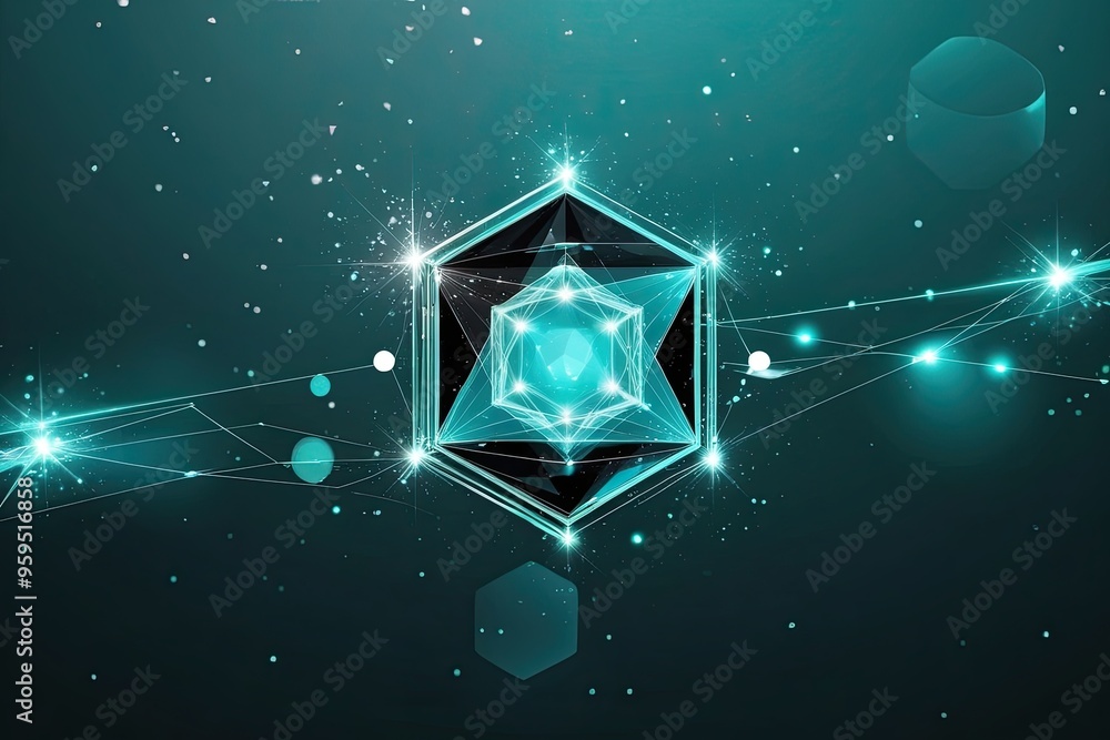 Poster teal and black elegant geometric digital visualization with sparkling lights and merging data dots