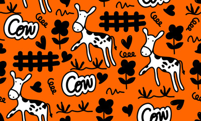 seamless pattern cartoon cow and flower. cute animal wallpaper for textile, gift wrap paper. Farm animals. Logotype. 