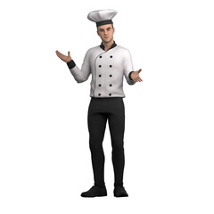 Professional Chef 3D. A male chef stands with open arms as if explaining or welcoming guests into the kitchen. Male Kitchen Artist