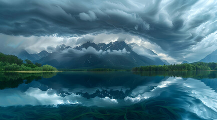Fototapeta premium Mountain Lake with Stormy Sky Realistic Image