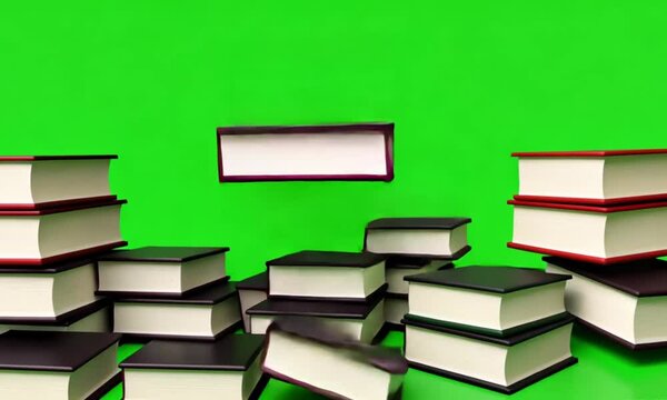 a bunch of books fell and piled up on a green background