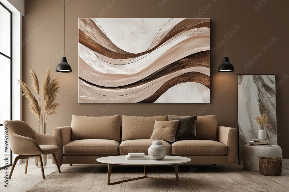 Poster elegant light mocha abstract canvas art with fluid waves and rich texture