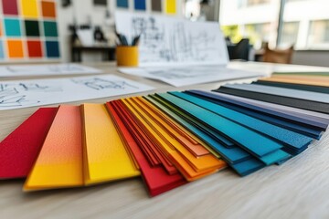 Paint swatches in vibrant colors laid on a modern office table with design sketches in the background