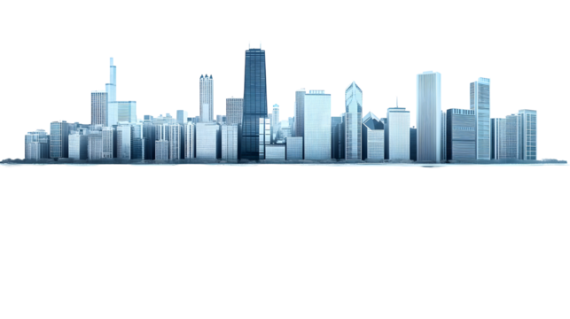 Modern City Skyline Reflected in Still Water on a Transparent Background, PNG Download. - Powered by Adobe