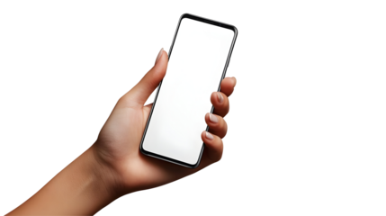 A Person's Hand Holding a Smartphone with a Blank White Screen Isolated on a Transparent Background, Perfect for Mockups and Design Projects.