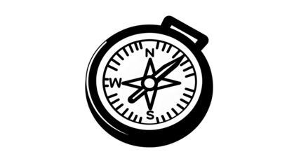 Simple Black and White Compass with a Needle Pointing North, Isolated on a Transparent Background