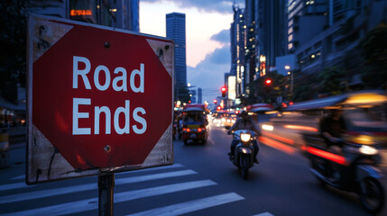 A "Road Ends" sign near a busy Bangkok intersection during rush hour, with motorcycles and tuk-tuks passing by