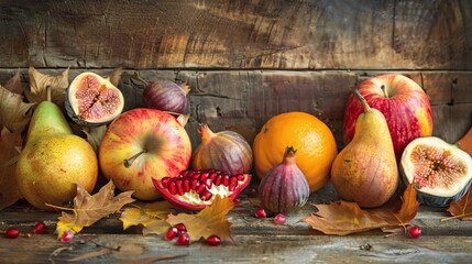 Autumn Harvest  Pears  Apples  Figs  Pomegranate  and Orange on Rustic Wooden Background