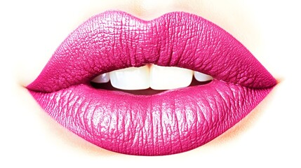 Close-up of pink glossy lips with red-pink lipstick, detailed lip texture, isolated on white background, feminine beauty concept with focus on natural lip shape and vibrant color