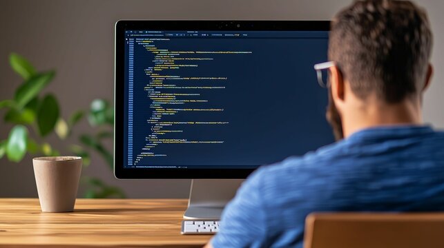 Developer focused on coding tasks on a desktop computer in a home office setting, with lines of code visible on the screen and a coffee cup nearby.