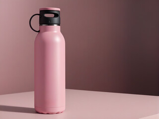 closeup of pink thermal sport water bottle mockup on a pink background for copy space 