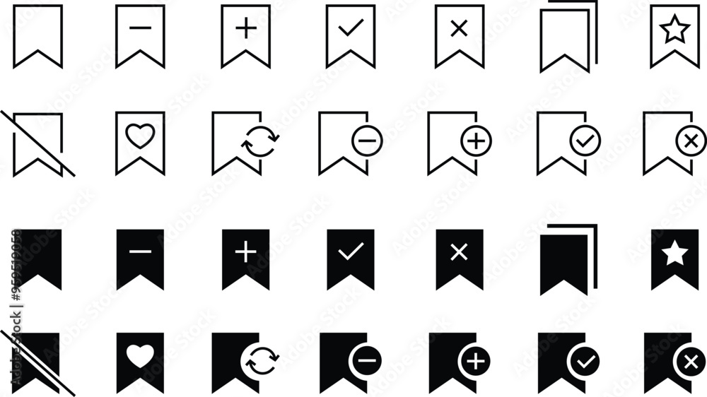 Poster set of bookmark, favourite line, flat vectors icons. premium quality design elements for mobile app 