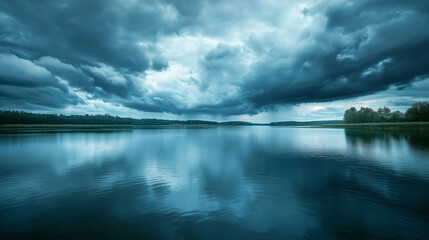 Fototapeta premium Storm clouds moving in over a calm lake, approaching weather, impending storm