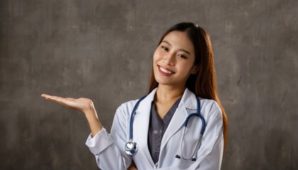 confident female doctor with a warm smile. She is dressed in a white lab coat with a stethoscope draped around her neck, representing professionalism and healthcare, medical care, trust, healthcare