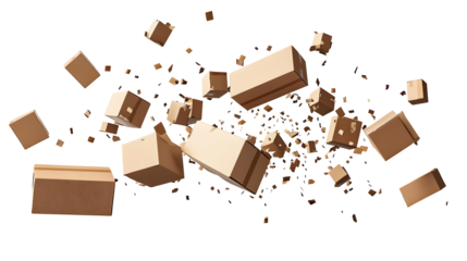 Multiple cardboard boxes levitating with fragments of brown paper on a white background isolated transparent background png