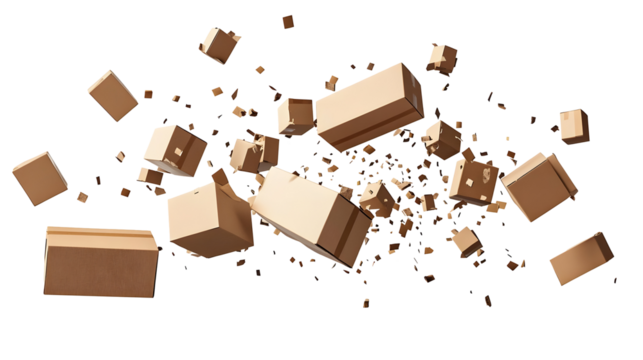 Multiple cardboard boxes levitating with fragments of brown paper on a white background isolated transparent background png