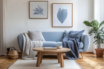 Blue Sofa with Throw Blanket in Living Room with Wood Floor and Coffee Table.