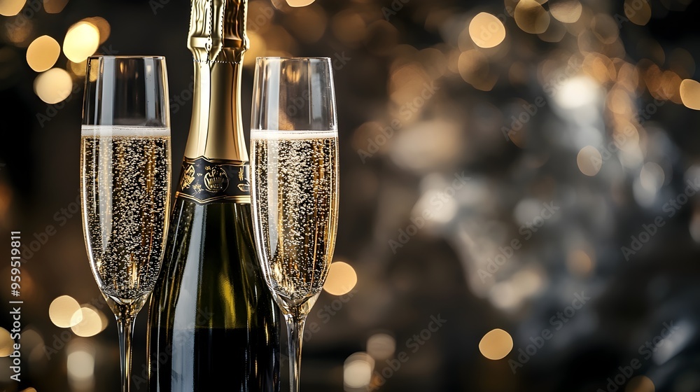 Poster elegantly arranged champagne bottle and glasses set on a table ready for a celebratory new year s to