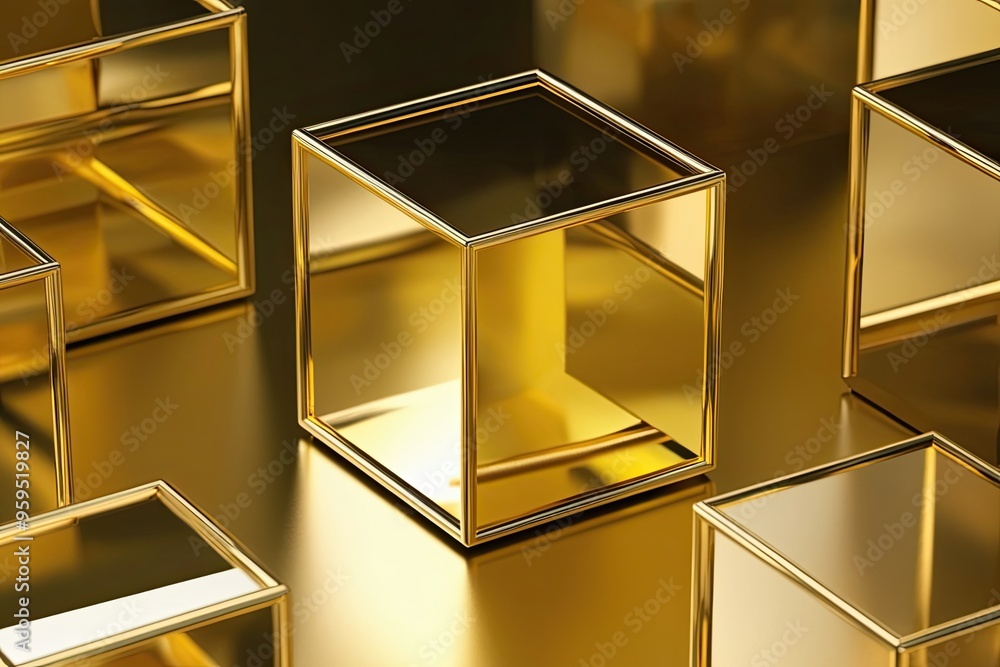 Poster 3d golden abstract cube design with depth and glimmer effects
