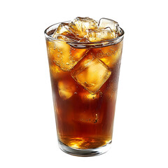 Glass of Cold Brown Beverage with Ice Cubes in Transparent Background PNG