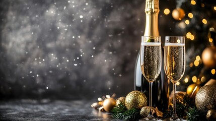 Elegant New Year s Champagne Bottle and Glasses Set Up for a Celebratory Toast on a Table with Copy Space