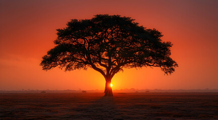 Obraz premium Silhouette of Tree in a Dramatic Sunset Landscape Photo