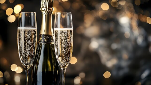 Elegantly Arranged Champagne Bottle and Glasses Set on a Table Ready for a Celebratory New Year s Toast with Ample Copy Space for Text Overlay