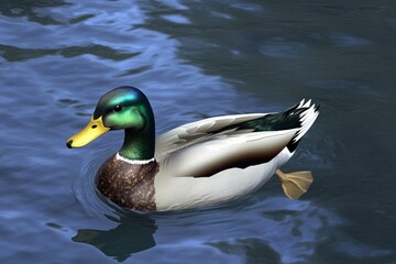 Fototapeta premium Close-up of a male mallard duck with vibrant plumage swimming gracefully on a calm water surface.