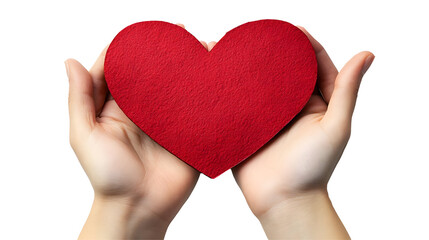 Obraz premium A pair of hands gently holding a red heart shape, isolated on a transparent background.