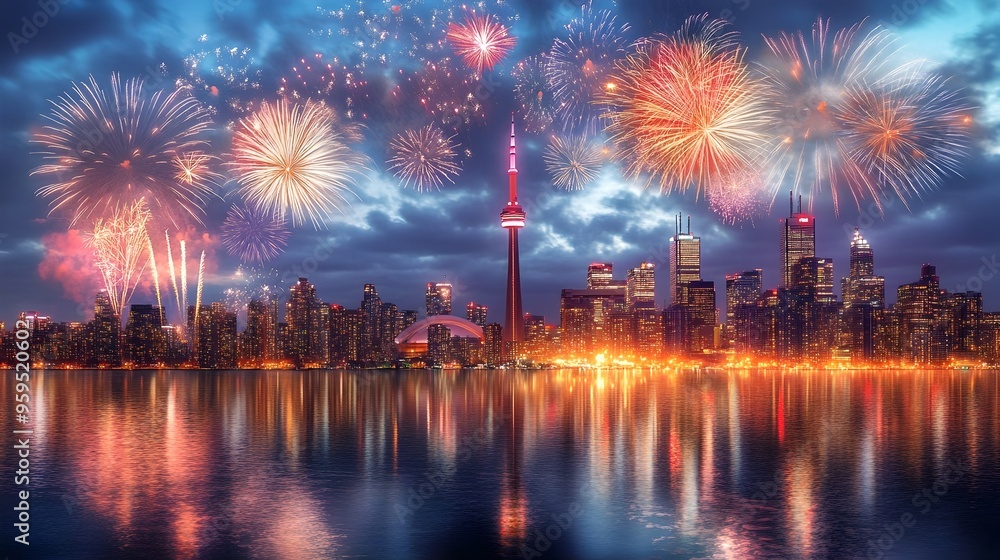 Poster mesmerizing display of colorful fireworks lighting up the vibrant city skyline creating a stunning a