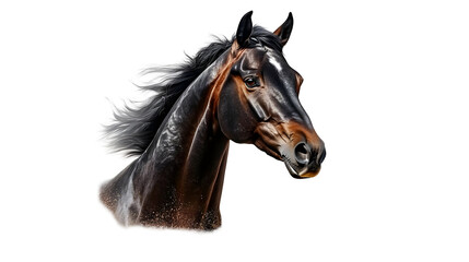 Obraz premium A Brown Horse with a Black Mane Running with Dust Flying Up Around Its Head, Isolated on a Transparent Background