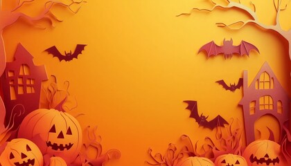 Halloween-themed paper art featuring pumpkins, bats, and haunted houses on an orange background, perfect for festive and spooky designs.