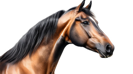 Obraz premium Close-up Portrait of a Bay Horse with a Black Mane and Tail Looking to the Side Isolated on a Transparent Background