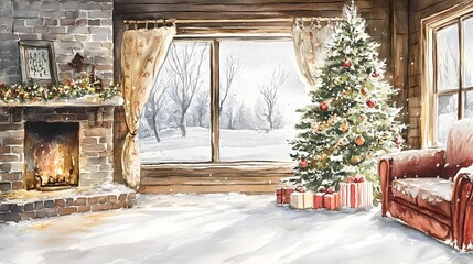 Cozy and peaceful watercolor painting depicting a winter scene with a decorated New Year s tree in a warm inviting home interior setting leaving room for a message or text overlay